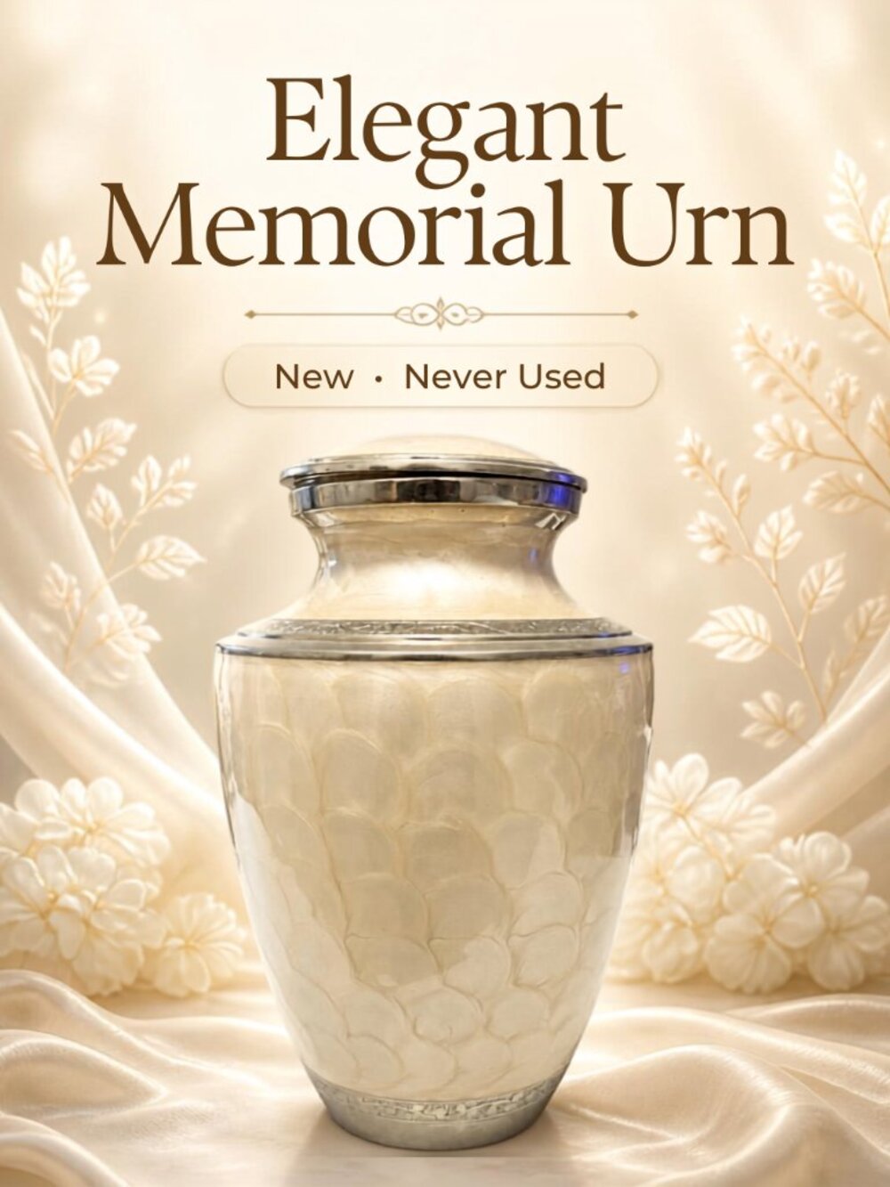 Neutral Cream Ceramic Decorative Memorial Urn with Silver Accents